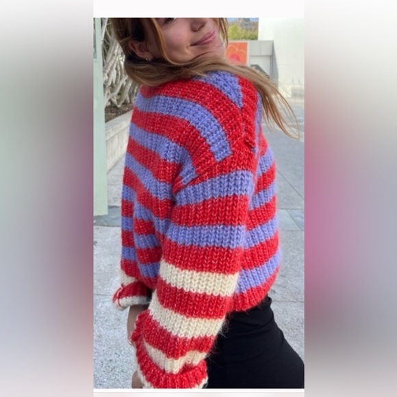 Zara Chunky Knit Striped Oversized Boxy Sweater Red, Purple, Cream Size M - Picture 5 of 16